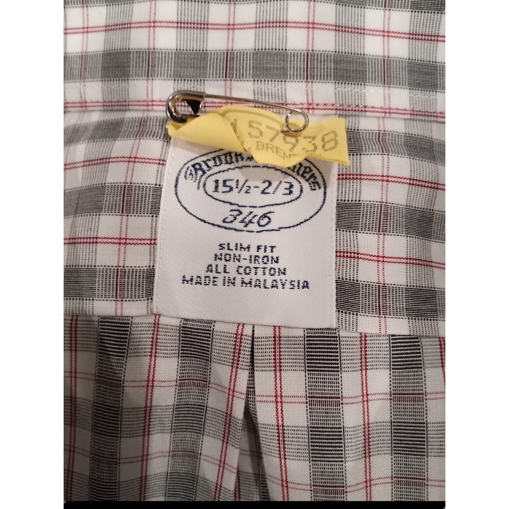 BROOKS BROTHERS 346 15.5 DRESS SHIRT Slim Fit Non-Iron Red Gray CHECK CASUAL
